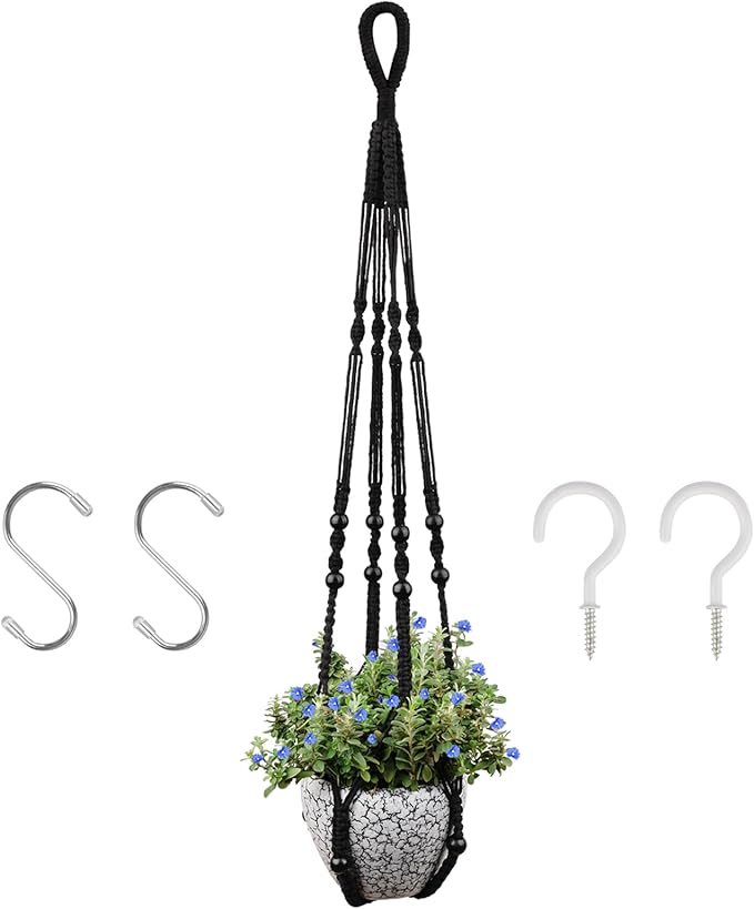 RIFNY Macrame Plant Hanger Indoor, 35 Inch Hanging Plant Holder with Hooks, Large Boho Hanging Basket Plant Hanger for Wall Window Ceiling Plants Decor (Black, 1PC) RIFNY