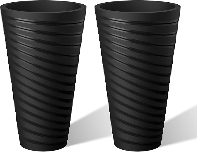 Kante 23 Inch Tall Planter Set of 2, Round Spiral Textured Flower Pots, Decorative Plant Pots for Outdoor Indoor Garden Patio Front Porch (Black) Kante