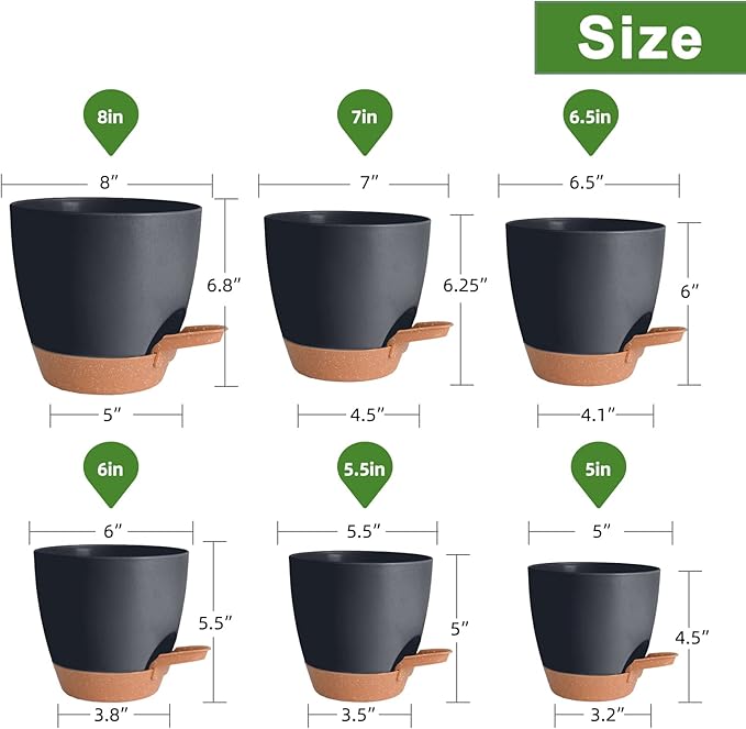 Planters for Indoor Plants, 8/7/6.5/6/5.5/5 Inch Self Watering Plant Planters with Drainage Hole, Plastic Planters Flower Pots for Indoor Outdoor Plants (Black) Vanslogreen