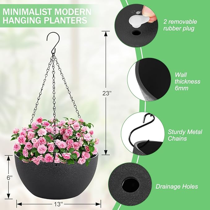 13 inch Hanging Planters for Indoor Plants, 2 Pack Planters for Outdoor Plants with Drainage Holes and Chain, Round Plastic Hanging Baskets, Hanging Flower Pots for Balcony Garden Decor-Black HIGSEEU