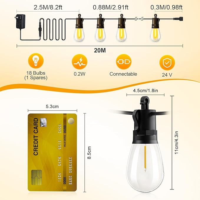 Outdoor String Lights Patio LED Light Outside - 20M 18+1 S14 LED with Remote Control 65ft Porch Lighting IP65 Waterproof Rootora