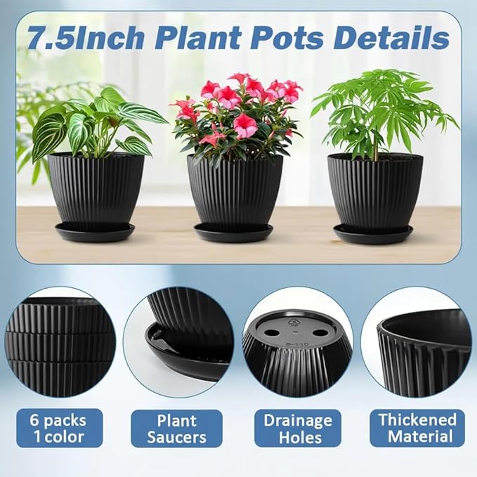 7.5 Inch Black Thickened Plastic Plant Pots with Saucers, 6-Pack Modern Seedling Planters for Indoor Outdoor Plants, Durable Heavy-Duty PP Material for Herbs Flowers Vegetables (＜8 inch) RooTrimmer