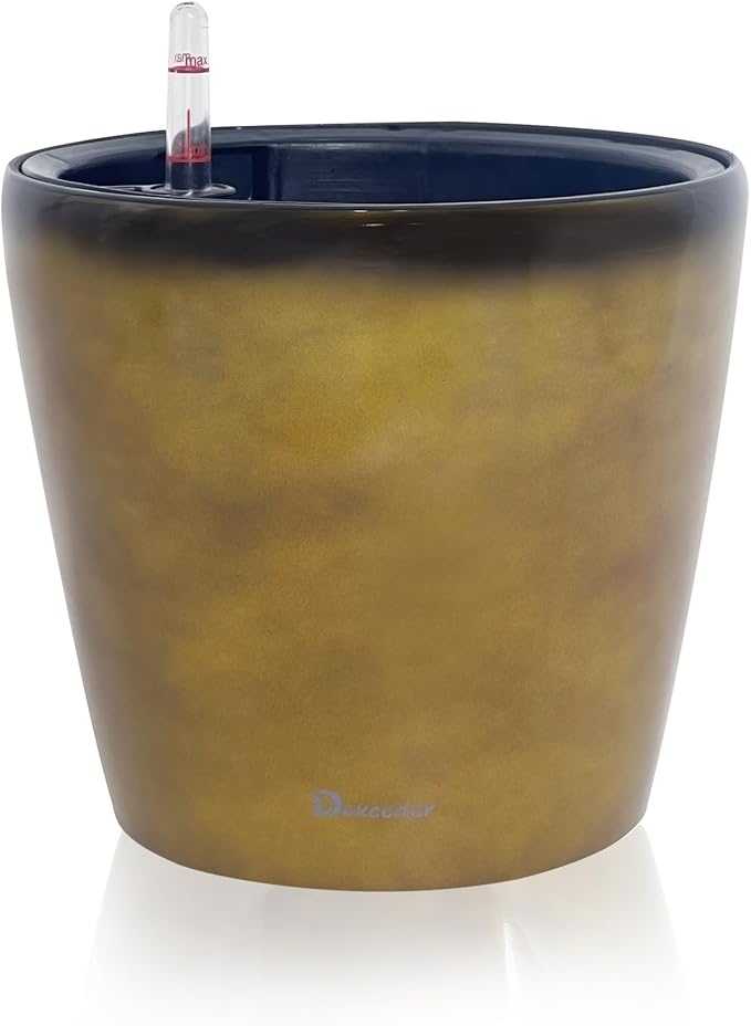 Dexceder 11x10 Inches Self Watering Planter Indoor Outdoor, Inner Pot Design, Thickened Table Flower Plant Pot with Water Level Indicator (Yellow Brown Gradient) Dexceder