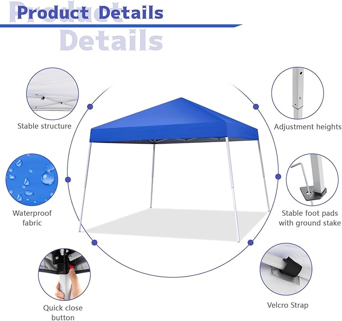 Canopy Tent, 10X10 FT Pop Up Canopy Outdoor Instant Tent Slant Legs with Carrying Bag, Portable Gazebo Shelter for Patio Deck Garden and Beach - 8X8 FT Canopy Cover, Blue Oneofics