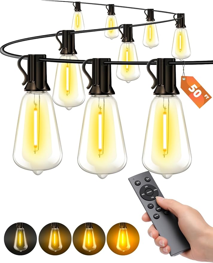 Outdoor Patio String Lights: 50Ft 15M Outside Waterproof Light - Remote Dimmable ST38 Shatterproof Bulb Connectable Hanging Outdoor Electric Lighting - Backyard Yard Gazebo Porch Party Vozuji