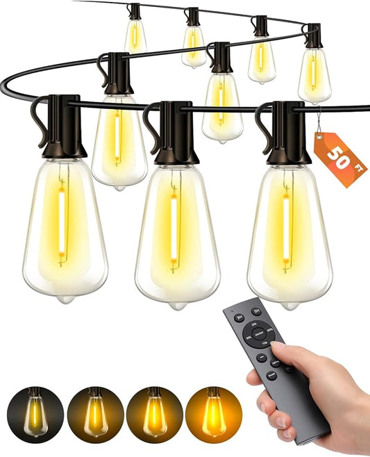 Outdoor Patio String Lights: 50Ft 15M Outside Waterproof Light - Remote Dimmable ST38 Shatterproof Bulb Connectable Hanging Outdoor Electric Lighting - Backyard Yard Gazebo Porch Party Vozuji
