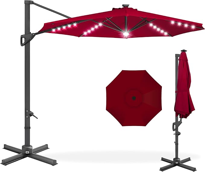 Best Choice Products 10ft Solar LED Cantilever Patio Umbrella, 360-Degree Rotation Hanging Offset Market Outdoor Sun Shade for Backyard, Deck, Poolside w/Lights, Easy Tilt, Cross Base BestChoiceProducts