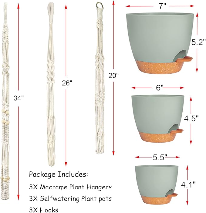 Self Watering Hanging Planters for Indoor Plants 3 Pack Macrame Plant Hangers with Drainage Holes Pots and Hooks for Home Garden Decor Green Bouqlife