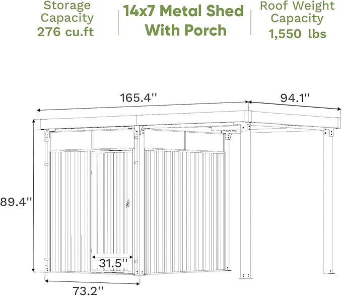 Patiowell 2-in-1 Outdoor Storage Shed, 7' x7' Galvanized Steel Metal Shed with 7' x 7' Porch Pergola Gazebo Outdoor Studio Open-Sided Firewood Shed for Backyard Patio Garden Lawn Patiowell