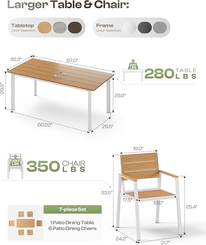 Aluminum Outdoor Dining Set for 6, Patio Table and Chairs Set with Umbrella Hole, 7 Pieces HDPS Outdoor Furniture Sets for Patio, Garden (White & Teak) Oasbira