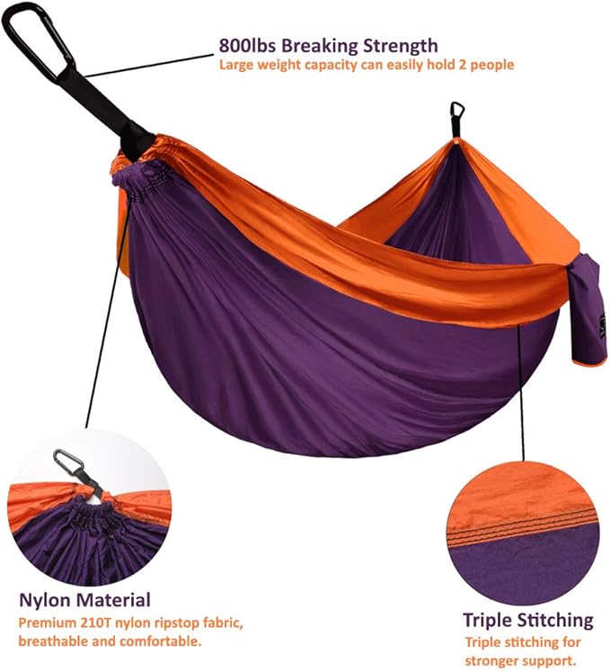 Gold Armour Camping Hammock - XL Double Hammock Portable Hammock Camping Accessories Gear for Outdoor Indoor with Tree Straps, USA Based Brand (Purple and Orange) GoldArmour