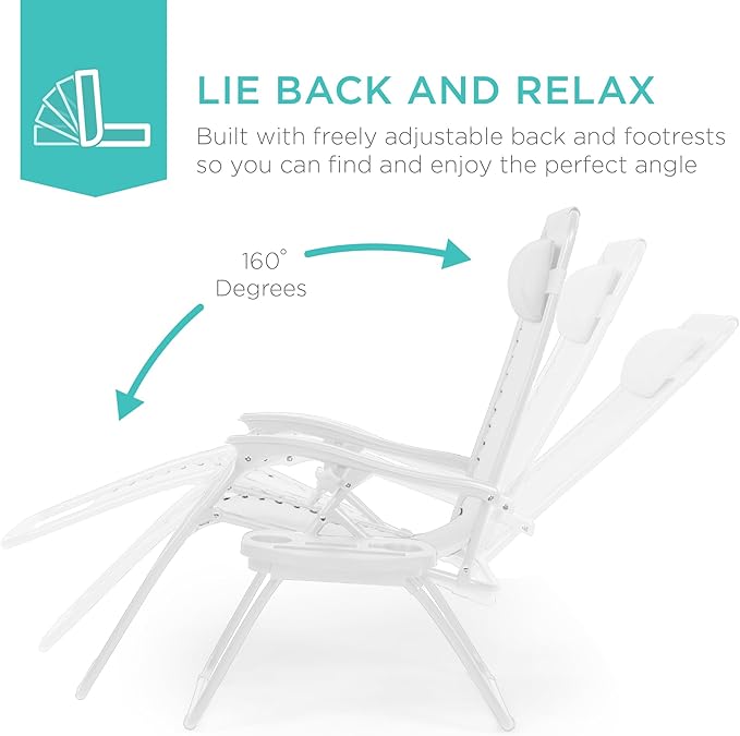 Best Choice Products Set of 2 Adjustable Steel Mesh Zero Gravity Lounge Chair Recliners w/Pillows and Cup Holder Trays - Snow BestChoiceProducts