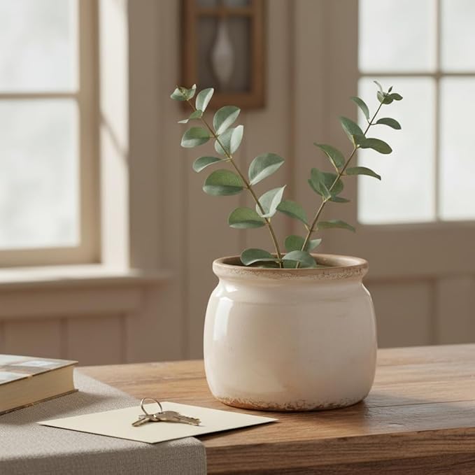 Ceramic Planter & Vase for Wabi Sabi Decor, 6.29 Inch Nordic Minimalist Flower Pot with Drainage Hole for Indoor Plants, Boho Tabletop Bookshelf & Living Room Decoration, Unique Gift (Antique Ivory) XiaanJiaju