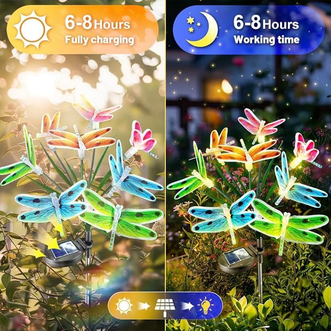 Anordsem Solar Garden Lights Outdoor: 8 Removable Fiber Optic Fabric Dragonflies 4 Pack - Waterproof Fun Animal Decoration for Yard Patio - Gardening Gifts for Garden Lovers Anordsem