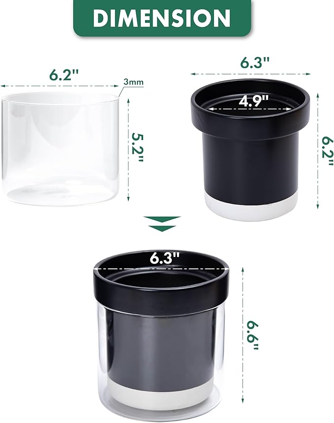 Phoenix Vine 6 Inch Self Watering Terracotta Planter, Black Terracotta Clay Pot with Glass Reservoir for Indoor Plants, Herbs, Flowers, Set of 1, 52-C-F-1 Phoenix+Vine