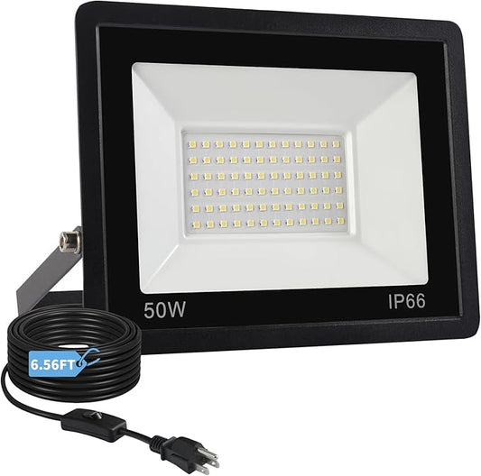 50W Flood Lights Outdoor,8000LM Bright LED Work Light,IP66 Waterproof Outside Lights for Yard with Switch and 6.5FT Plug,6500K Daylight White Portable Outdoor Yard Light for Garage,Garden,Stadium Rootora