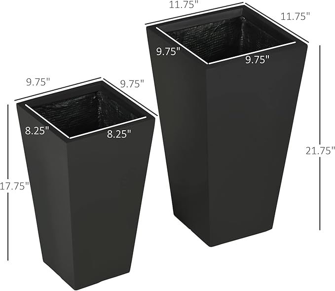 Outsunny 2-Pack Outdoor Planter Set, Flower Pots with Drainage Holes, Durable & Stackable Plant Pot, 22in & 18in, for Porch, Entryway, Patio, Yard, Garden, Black Outsunny