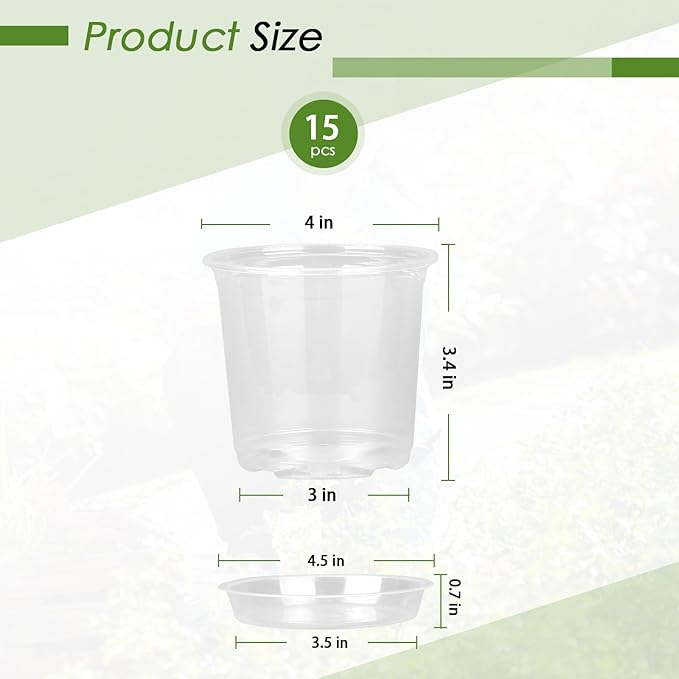 4 Inch Clear Nursery Pots for Plants with Sacuers 15 Pack, Plastic Flower Pots with Drainage Holes, Variety Pack Seedlings Garden Pot for Indoor Outdoor (4 inch) FUIJOL