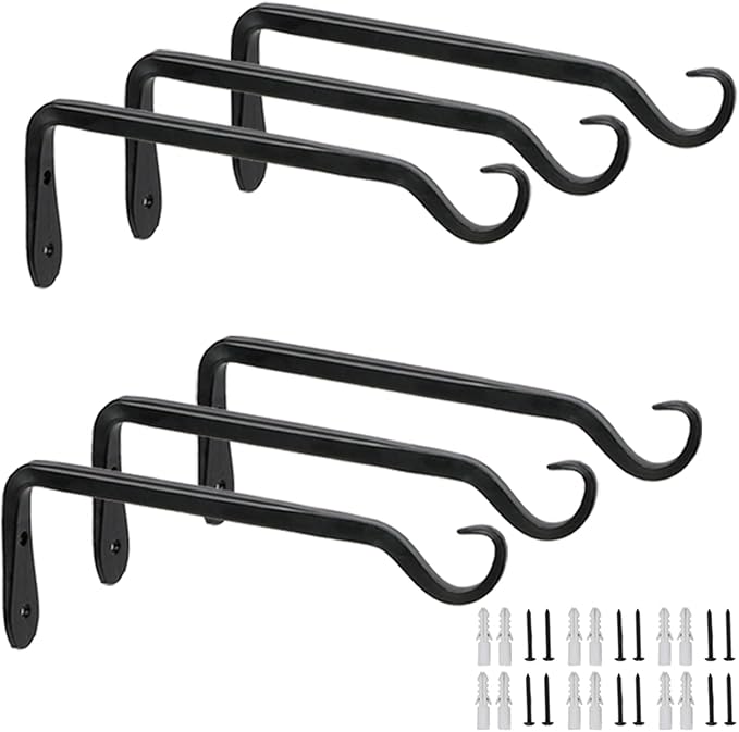 Worth Garden 6-Pack 7" Plant Hanger Bracket - Forged Wrought Iron Powder-Coated Heavy Duty Wall Hook - Black Hanging Hooks - Durable and Stable for Bird Feeders, Planters Indoor & Outdoor WORTH
