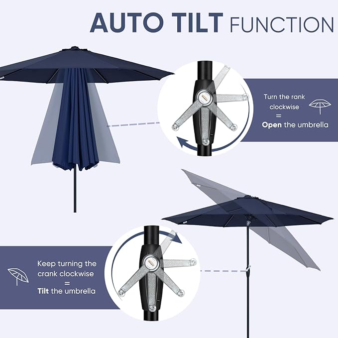 Tempera Patio Market Outdoor Table Umbrella with Auto Tilt and Crank, Large Sun Umbrella with Sturdy Pole & Fade Resistant Canopy, Easy to Set TemperaPatioLife