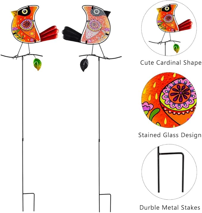 Decorative Garden Stakes,Set of 3 Cardinal Stained Glass Metal Yard Art,Waterproof Outdoor Decor Housewarming Present for Women Mom Grandma SATHGA