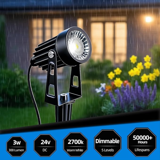 All-in-One Low Voltage Landscape Lighting, Dusk to Dawn Transformer Timer, Waterproof Spotlights, Dimmable LED Outdoor Landscaping Lights Kit for Yard Backyard Tree House 24V Warm White 4 Pack Sunmerit