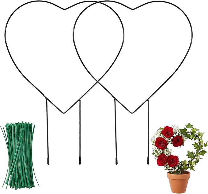 2 Pcs Heart Shaped Plant Trellis Indoor with 100 Plant Twist Tie Pothos Plants Climber Support Heart-Shaped Trellis Iron Heart Trelli Black Durable Houseplant Hearts Trelli for Potted Vines and Flower Rootora