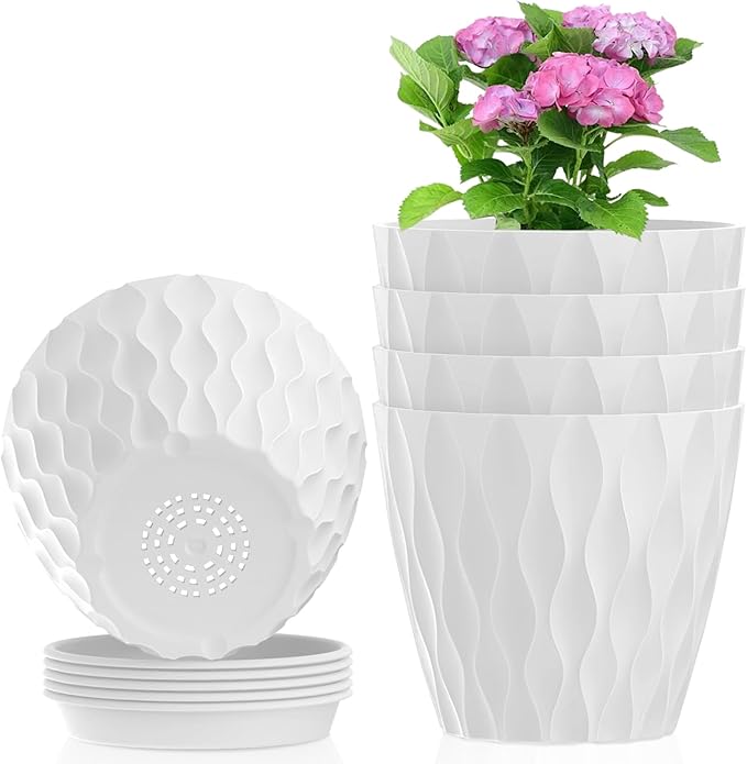 6 inch Flower Pots, 5 Pack Plant Pots for Indoor Outdoor Plants, Water Ripples Plastic Planters with Drainage Holes and Saucers, Nursery Pots for Small Succulent Garden House Plants, White Meowell