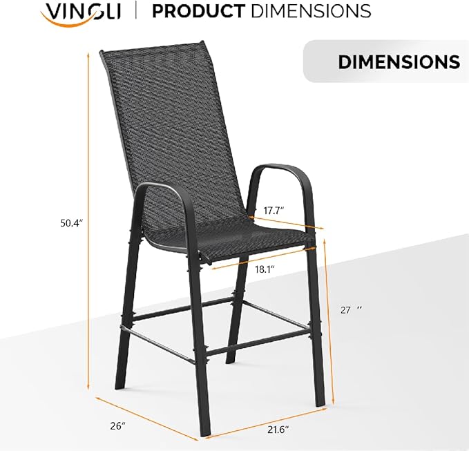 VINGLI Outdoor Bar Chairs Set of 6 – Stackable Outdoor Bar Stools with Sturdy Sling High Back and Armrests for Lawn, Courtyard, Garden, Bar, Black VINGLI