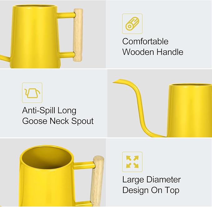 Watering Can Indoor Plants, 35 oz/1000 ml Metal Stainless Steel Watering Can Pot with Long Spout for Indoor House Plants Bonsai Outdoor Garden Flower Decorative (Yellow) Rootora