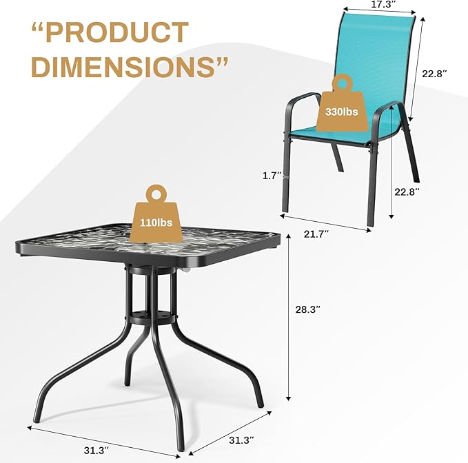 Arlopu 5 Piece Outdoor Patio Dining Set (Umbrella not Included), Porch Furniture with 4 Textline Chairs, 1 Square Glass Table for Garden, Backyard and Poolside, Lawn (Blue) Arlopu