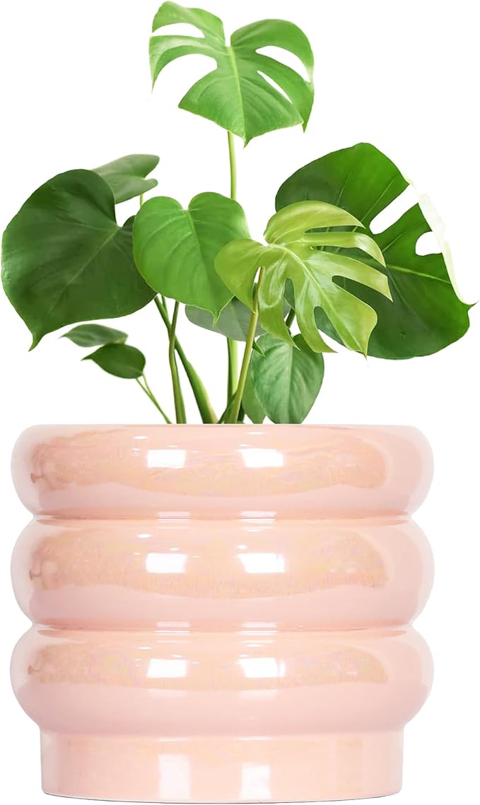 10 inch Ceramic Plant Pots for Indoor Plants, Rainbow Pearl Glaze Planter with Planters for Plants with Drainage Hole, Orchid Pots, Succulent Pot, Large Flower Pot (Pink) YFFSRJDJ