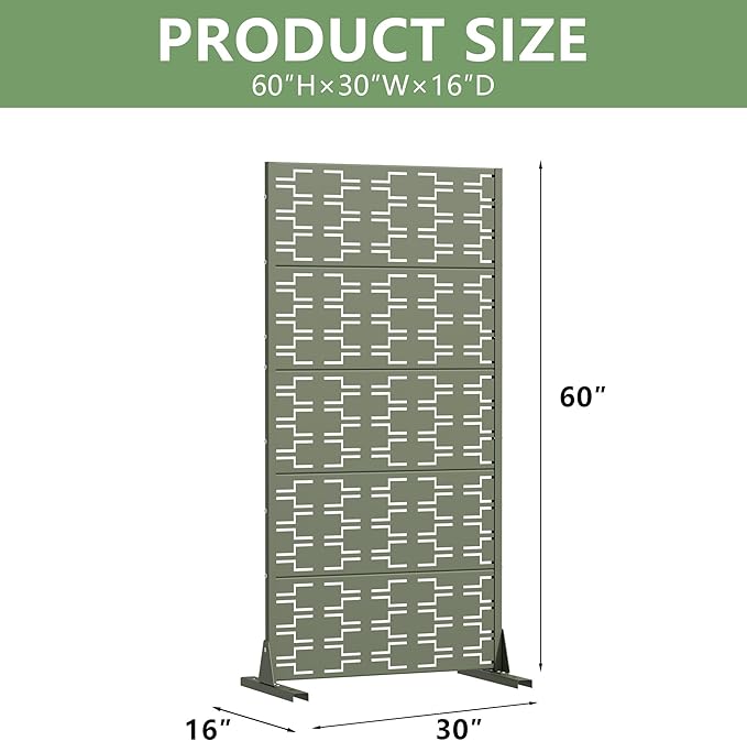 Casaphoria Metal Privacy Screen Outdoor, 60" x 30" W Freestanding Decorative Privacy Screen for Patio Deck Balcony Garden with Stable Base, Green-Brick Casaphoria