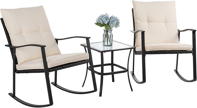 Vongrasig 3 Piece Outdoor Rocking Chair Set, PE Wicker Rattan Small Bistro Set, Front Porch Furniture Rocking Chairs Set of 2, Cushioned Patio Rocker Chair Set with Glass Table (Beige) Vongrasig