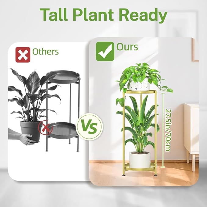 iDavosic.ly 2 Tier Corner Plant Stand Indoor, Tall Vertical Metal Flower Heavy Duty Pot Holder Shelf Outdoor for Patio Porch Living Room, Gold - Round iDavosicly