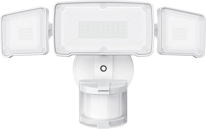 LEPOWER LED Security Lights Motion Sensor Light Outdoor, 38W 4200LM Light, 5500K, IP65 Waterproof, 3 Head Detected Flood Light for Garage, Yard, Porch (White) LEPOWER