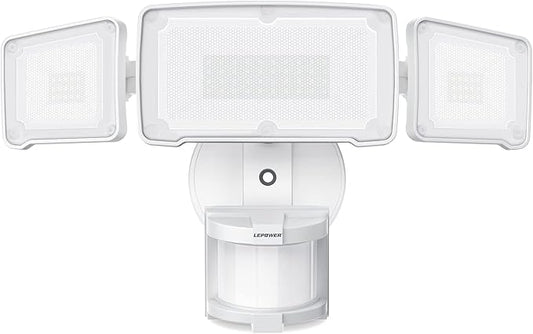 LEPOWER LED Security Lights Motion Sensor Light Outdoor, 38W 4200LM Light, 5500K, IP65 Waterproof, 3 Head Detected Flood Light for Garage, Yard, Porch (White) LEPOWER