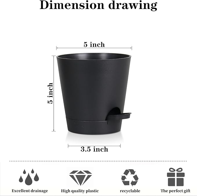 5 Pack 5 inch Self-Watering Pots, African Violets Planter with Drainage Holes and Reservoir, Black Plastic Planter for Indoor Outdoor Plants Flowers and Houseplants Black, 5 inch 5 pcs zople