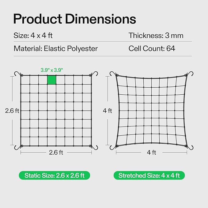 VIVOSUN 4 x 4Ft. Elastic Trellis Netting with 4 Hooks for Climbing Plants, Vegetables, Fruits, and Flowers, 2-Pack VIVOSUN