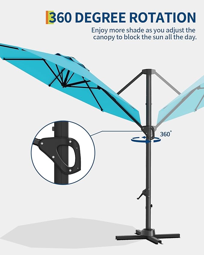 GarveeLife 10 ft Patio Umbrella Outdoor Large Cantilever Umbrella w/Base Included Market Sun Shade Windproof Offset Umbrella with 360-Degree Rotation for Garden Deck Pool Patio, Turquoise Blue GarveeLife
