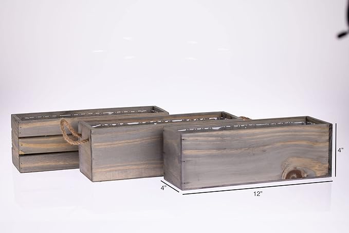 Wooden Planter Box with Handle I Rustic Barn Wood, Plastic Liner l Garden Decor l Restaurant and Wedding Decorations l Wedding Table Centerpiece (12x4 w Handle Set of 4, Natural) Rootora