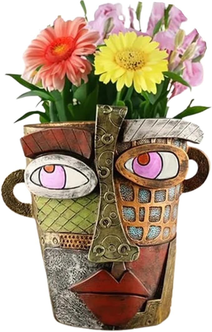 Abstract Face Planters Pots Head,Picasso Brutalist Face Flower Pot Ornaments Head Planter Pots Colorful Art Abstract Resin Flower Pot for Indoor and Outdoor Plants Funny Room Decor(Retro Big) TOZLU
