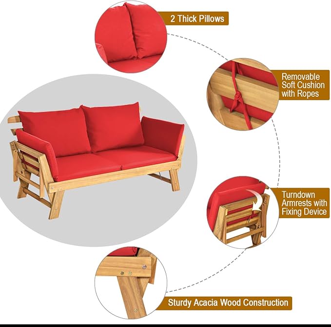 Tangkula Convertible Acacia Wood Patio Couch Sofa Bed with Adjustable Armrest, Outdoor Daybed with Cushion & Pillows, Outside Folding Futon Sofa Couch Bench for Porch, Courtyard, Poolside & Garden TANGKULA