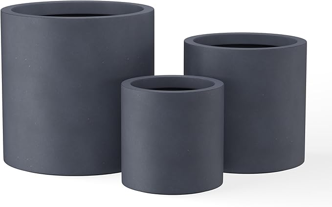 Kante 9.8",12.6",15.7" Dia Round Concrete Planter Set of 3, Modern Style Large Cylindrical Plant Pot with Drainage Hole and Rubber Plug for Indoor Outdoor Patio, Dark Gray Kante