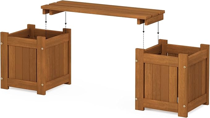 Furinno Tioman Hardwood Mini Outdoor Planter Box with Bench for Garden Plant Furinno-FitsYourSpaceFitsYourBudget