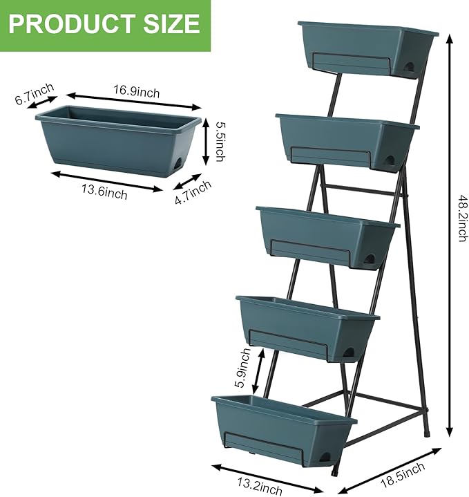 5 Tier Vertical Raised Garden Bed Planter Box, Vertical Raised Bed with Drainage Holes for Indoor Outdoor Herbs Flowers Vegetables Plants,Green Fogein