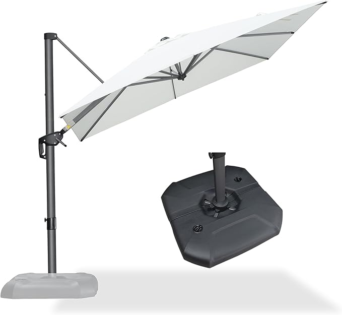 PURPLE LEAF 8 Feet Square Cantilever Umbrella Patio Umbrella with Base Outdoor Umbrella Aluminum Offset with 360-degree Rotation for Garden Deck Pool Patio White PURPLELEAF