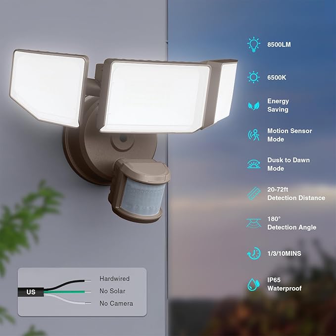 85W LED Security Lights Motion Sensor Light Outdoor, 8500LM Dusk to Dawn, IP65 Waterproof, 6500K, 3 Head Motion Detected Flood Light, Floodlight for Outside, Garage, Yard, Porch (Brown) Abovizo
