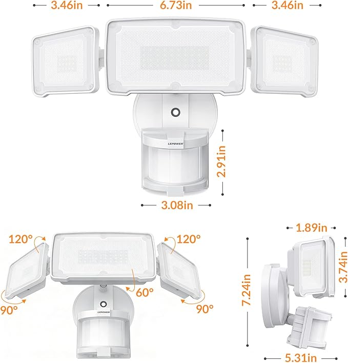 LEPOWER LED Security Lights Motion Sensor Light Outdoor, 38W 4200LM Light, 5500K, IP65 Waterproof, 3 Head Detected Flood Light for Garage, Yard, Porch (White) LEPOWER