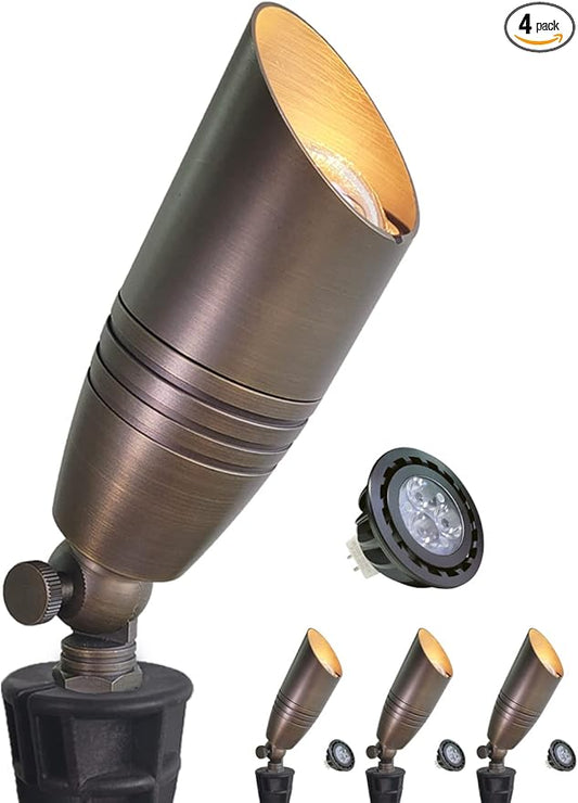 MALORY Brass Landscape Spotlights 4-Pack with Bulb Kit(S02), Low Voltage 12V AC/DC LED Outdoor Spot Uplights for House and Tree,PVC Ground Stake and Wire Connector Included, 5W 2700K Warm White MALORY